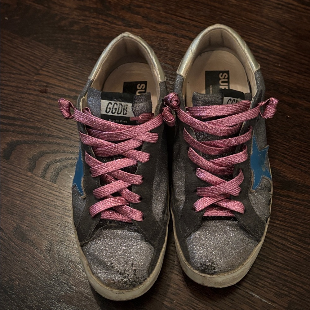 Golden Goose Gray and Blue Sneakers with Pink Laces